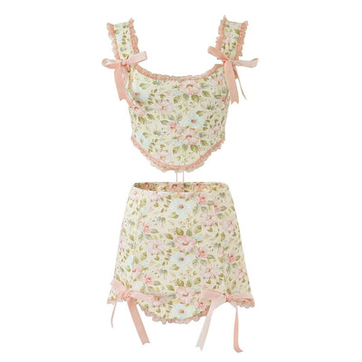 Sweet Printed Two-piece Women's Pure Lace Lace Lace-up Short Camisole Skirt