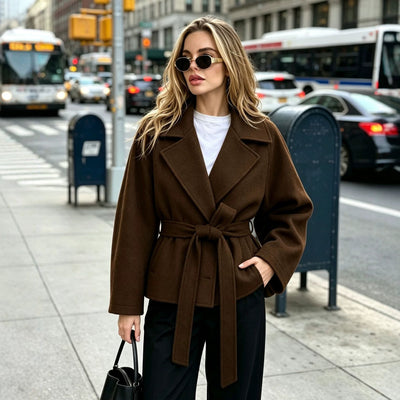 Casaco traçado de comprimento médio grosso de inverno vintage estilo francês para mulher, com laço, sobretudo casual para o trabalho