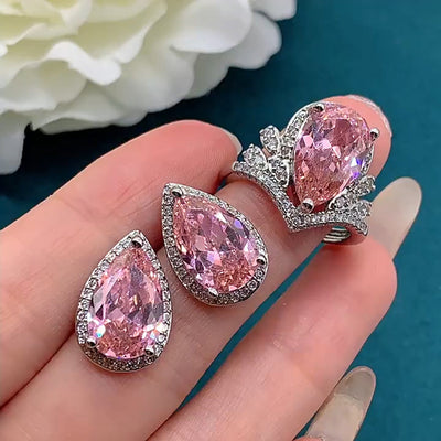 Conjunto viral entre influenciadores com anel aberto, pendente e brincos, coroa de luxo em forma de gota, cor de imitação de turmalina rosa