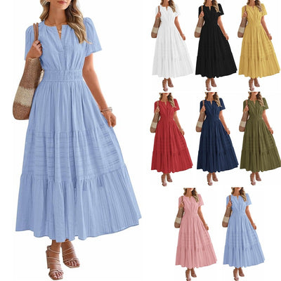 Vestido evasê com decote em V, mangas tufadas plissadas
