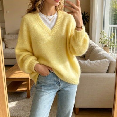 Camisola de malha com decote em V solta e casual