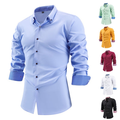 Men's Color Block Double Collar Long Sleeve Shirt, Stretch, Spring & Autumn, Business Casual, Cross-border Hot Selling Foreign Trade New Top