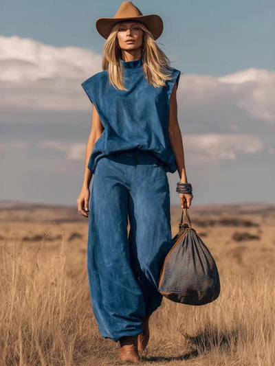 Conjunto em camurça sem mangas com pernas largas afuniladas, estilo ocidental, novidade de moda 2026 estilo europeu e americano, Amazon internacional