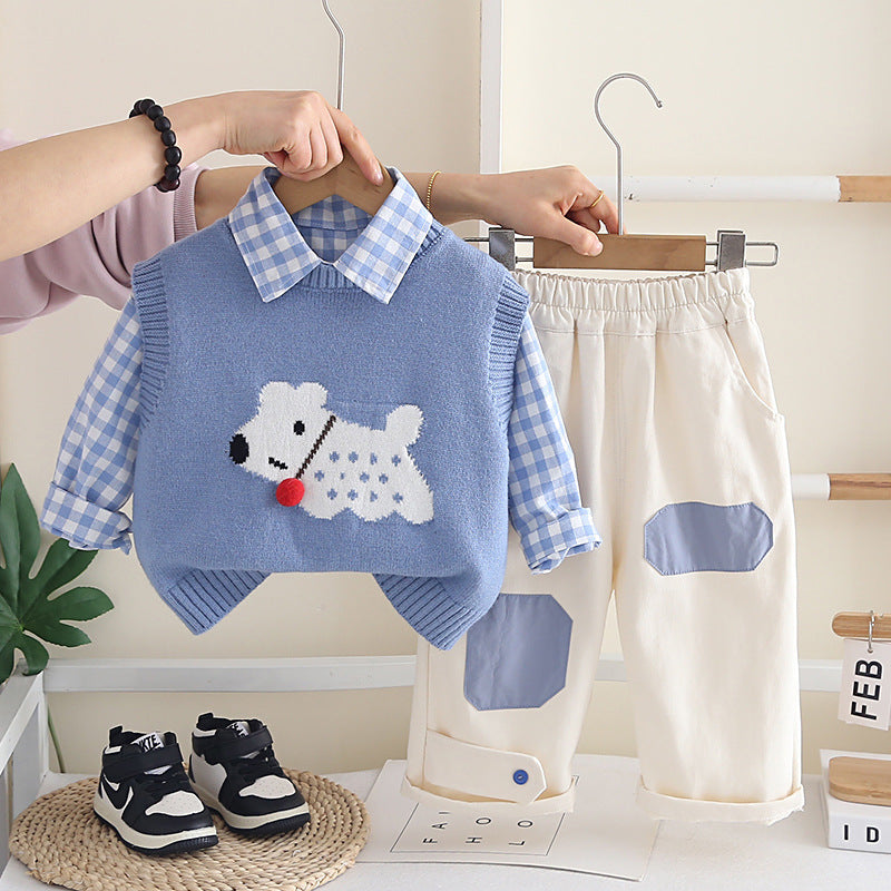 Boys Puppy Print Sweater Vest Shirt Pants Set Spring Autumn 0-4 Years Old