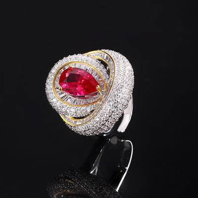 Novo anel de joia com zircónia vermelho sangue de pombo, estilo europeu e americano, luxo acessível de gama alta, anel ajustável para mulher