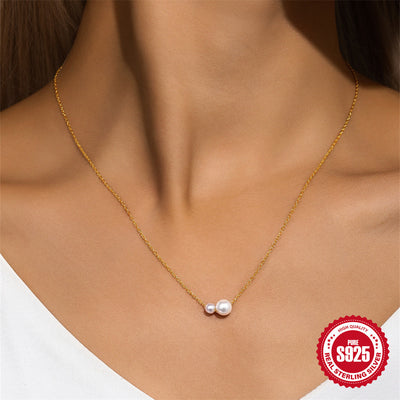 Colar em prata de lei S925 com 2 pérolas, design deslizante ajustável