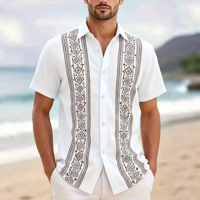 Cross-border Men's Shirt Hawaiian Style Striped Short-sleeve Shirt Four-way Stretch Printed Large Size Casual Summer Short-sleeve Shirt