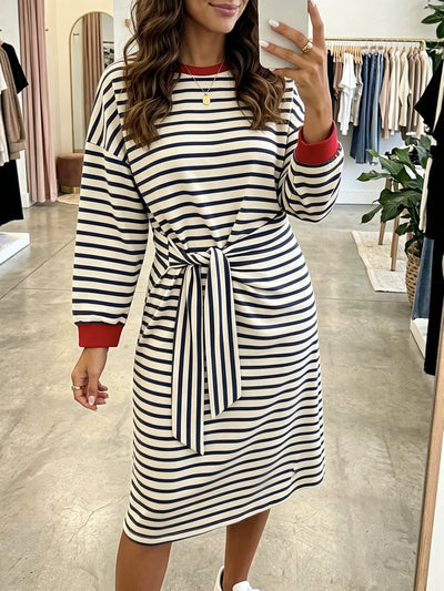 Novo vestido 2026 europeu e americano Amazon loja independente outono-inverno, aplicações às riscas, manga comprida, folgado, elegante, para mulher