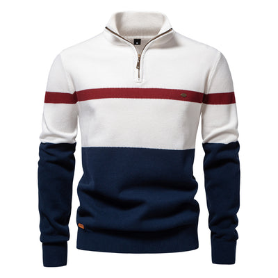 Nova camisola de homem outono-inverno 2026 tamanhos europeus transfronteiriça, com gola, meio fecho, cores combinadas, roupa de homem de exportação de qualidade