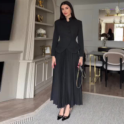 Novo conjunto de vestido de duas peças elegante para mulher, justo, de manga comprida e gola alta
