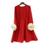 three-dimensional flower long sleeved dress with elegant temperament and waist cinching