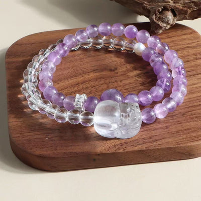 Pulseira de ametista natural e quartzo transparente, pendente de flor e pérola, corrente de duas camadas, joia de energia e sabedoria para mulher