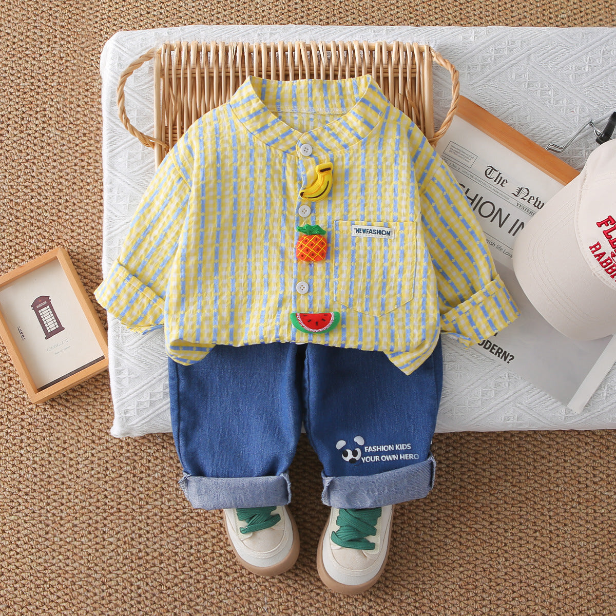 Spring Autumn Vertical Stripe Fruit Print Two-Piece Shirt Set for 0-4 Years Old Boys and Girls