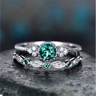 European And American Cross-Border Fashion Versatile Women's Zircon Ring Micro-Inlaid Imitation Emerald Ring Engagement Ring Couple Ring