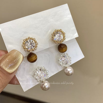 Melard Vintage Sunflower Diamond-studded Earrings, Tiger's Eye Stone And Pearl, Light Luxury, High-end, Versatile, Everyday Women's Earrings