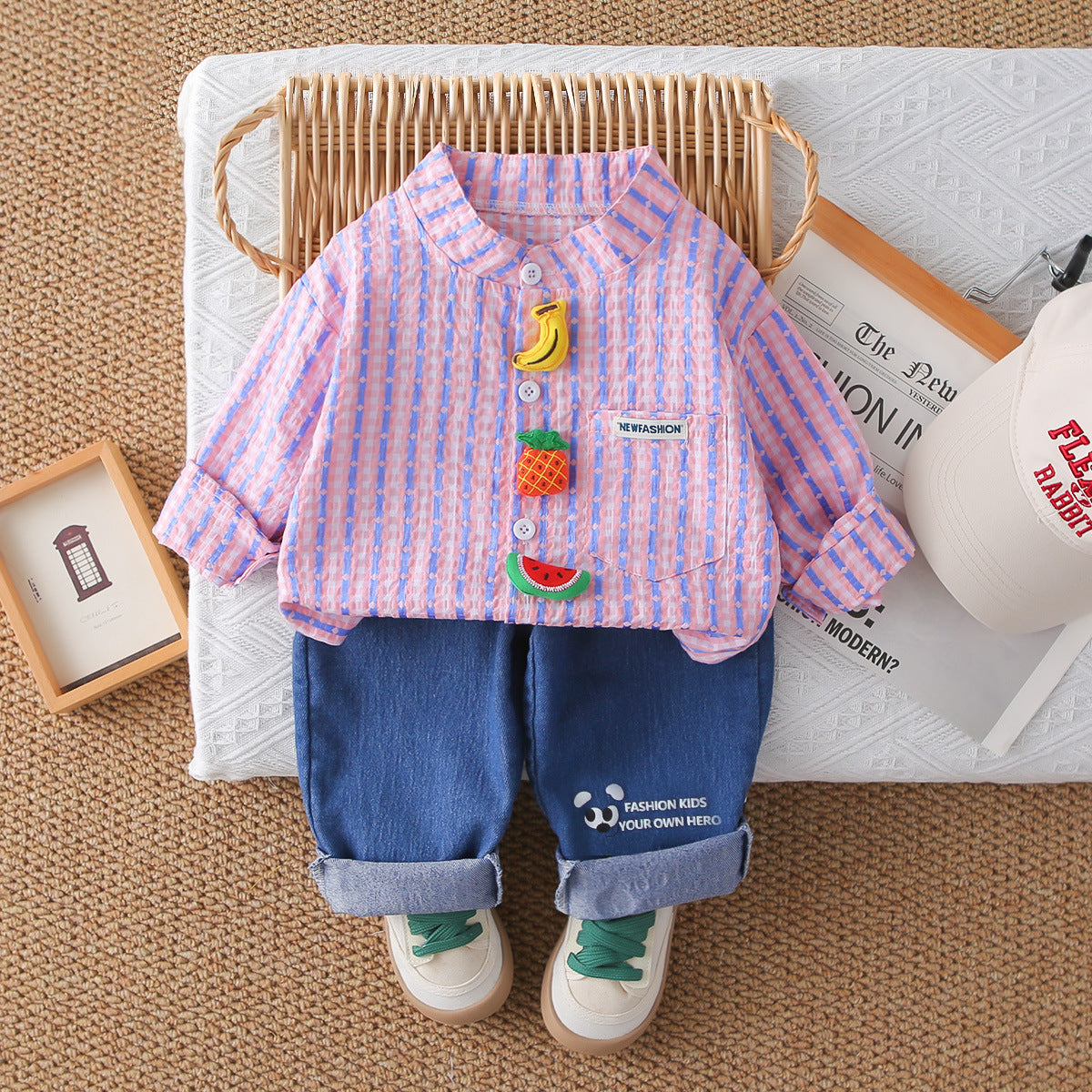 Spring Autumn Vertical Stripe Fruit Print Two-Piece Shirt Set for 0-4 Years Old Boys and Girls