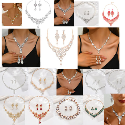 Conjunto de casamento colar e brincos em liga metálica com strass direto da fábrica, joias de noiva, joias de gala para senhora