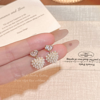 Brincos coração com pérola e haste em prata S925, originais, na moda, delicados e versáteis, design feminino elegante, venda por grosso