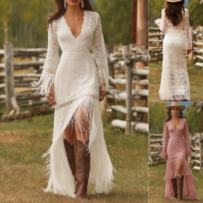 Elegant Vintage Women's Boho Tassel Dress White Lace V Neck Fringe Sleeve Autumn Fashion Party Dress Wedding Guest Maxi Dresses