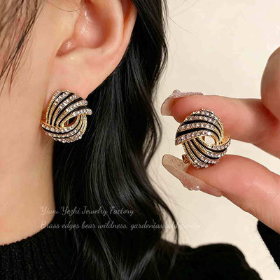 Black Gold Oil-drip Spiral Diamond-studded Earrings, Chanel-style Striped Earrings, Elegant And Versatile Earrings For Women, Suitable For Commuting