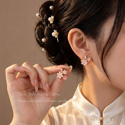 Brincos flor rosa transparentes estilo coreano novidade primavera-verão 2026, brincos de pressão doces cravejados de strass, brincos flor de cerejeira elegantes e delicados