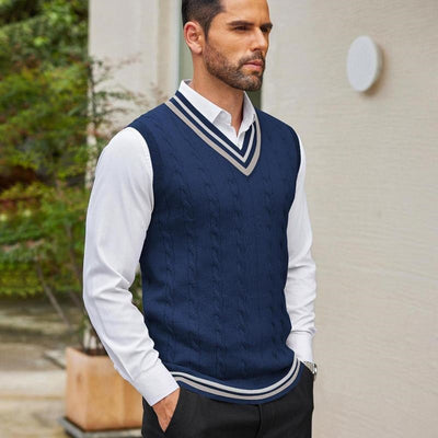 Men's Versatile V-neck Block Knitted Vest