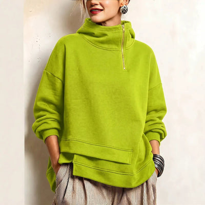 High-neck Asymmetrical Pullover Solid-color Sports Hoodie