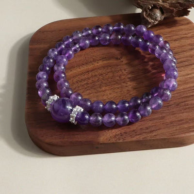 Pulseira de ametista natural, corrente de contas redondas de várias camadas, joia de energia e sabedoria para mulher