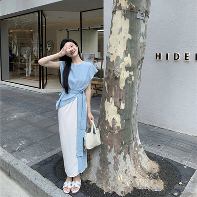 Gentle Design Sense False Two-piece Patchwork Cinched Tie Slim-fit Dress