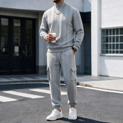 Men's Jacquard Knitted Sweatpants Set With A Stand-up Collar Solid Color