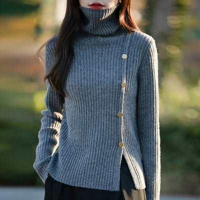Women's High-neck Ribbed Sweater With Belt Buckle