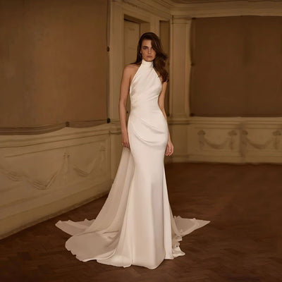 Backless Satin Wedding Dress, Halter Neck