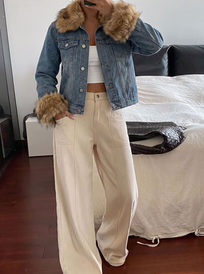 Faux Fur Trim Cropped Denim Jacket
