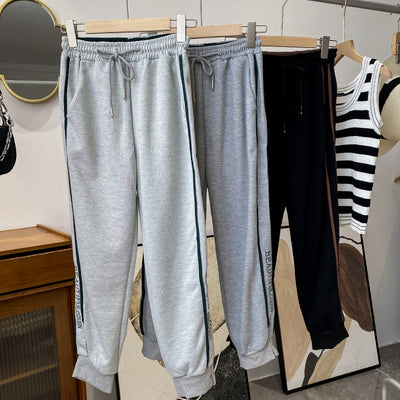 Women's Gray Letter Elastic-waisted Straight-leg Pants