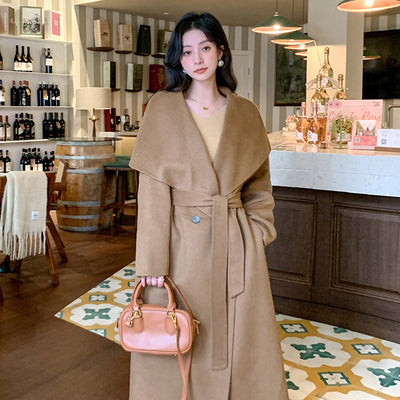 Womens Long Camel-Down Double-Faced Wool Coat
