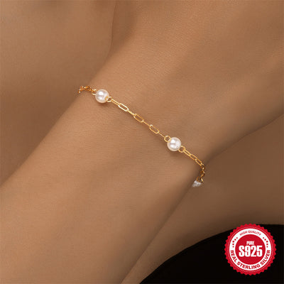 Pulseira de corrente clipe com pérolas em prata de lei S925 estilo Instagram europeu e americano