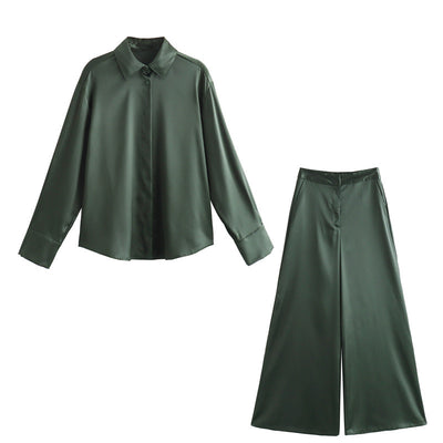 Fashion Silk Satin Textured Shirt Wide Leg Pants