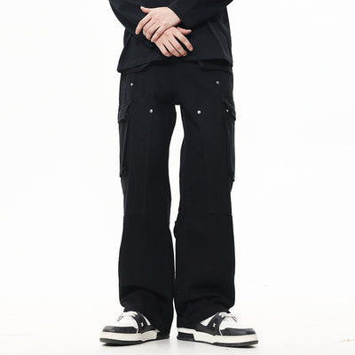 Cargo Denim Trousers Men's High Street Loose Casual Multi-pocket Zipper Slit Straight-leg Pants