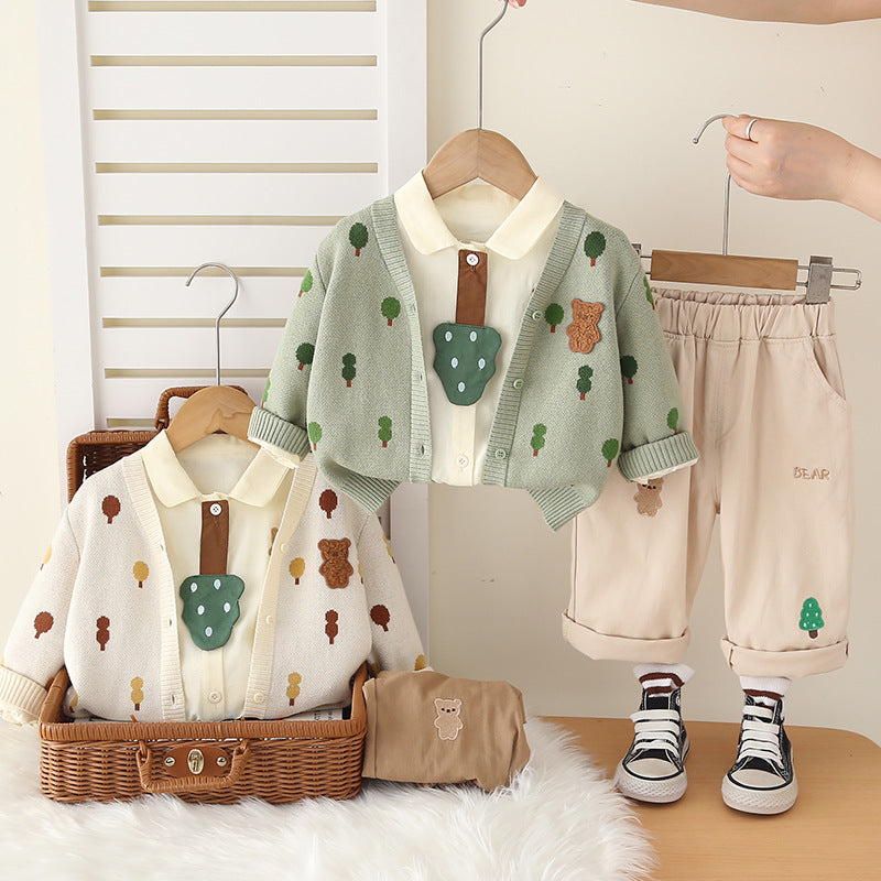 Children's All-Over Print Tree Sweater Three-Piece Set, Spring Autumn Unisex Knitwear Outfit 0-4 Years Old