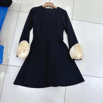 three-dimensional flower long sleeved dress with elegant temperament and waist cinching
