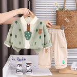 Children's All-Over Print Tree Sweater Three-Piece Set, Spring Autumn Unisex Knitwear Outfit 0-4 Years Old