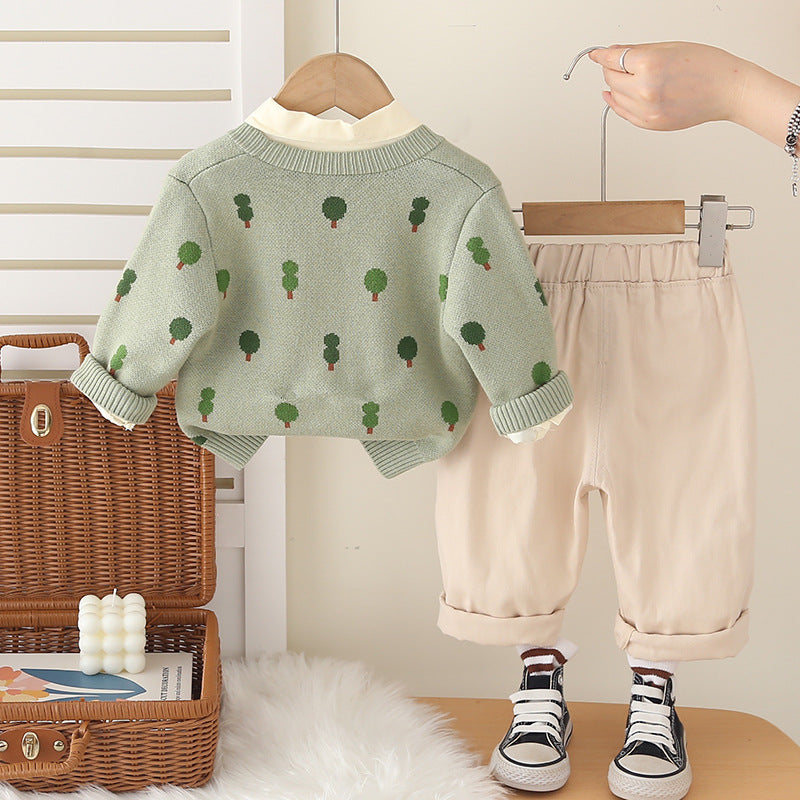 Children's All-Over Print Tree Sweater Three-Piece Set, Spring Autumn Unisex Knitwear Outfit 0-4 Years Old