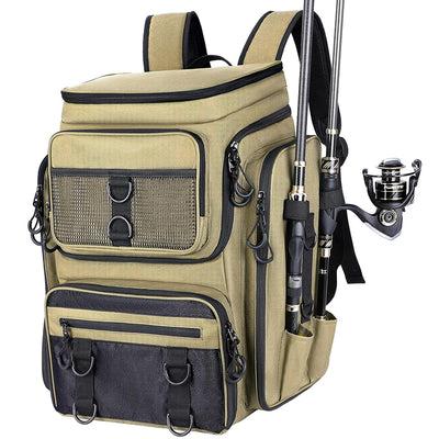 Mochila de pesca com suporte para cana, caixa organizadora de material & arrumação para caminhadas