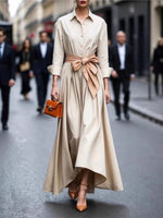 Solid color lace up POLO collar dress jacket long skirt coat