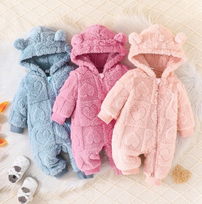 Macacão com capuz fofo com padrão de coração, babygrow de manga comprida para menina