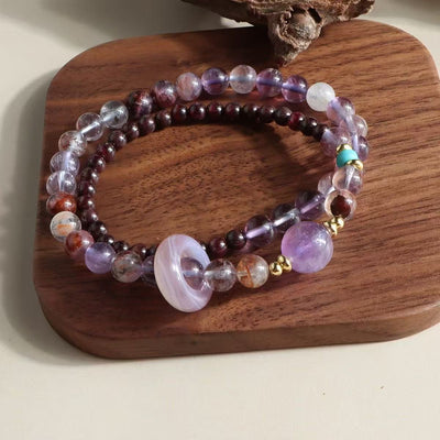 Pulseira de ametista natural e granada, várias pedras, corrente de várias camadas, joia de energia e sabedoria para mulher