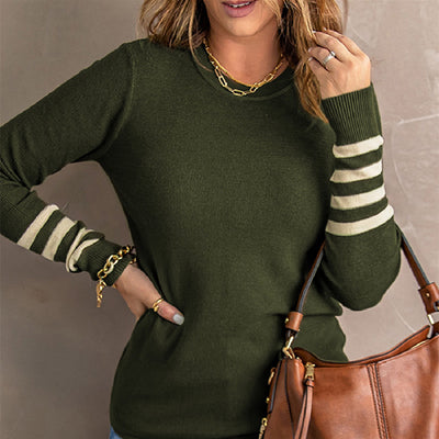 Plain Knitted Sweater With Striped Sleeves