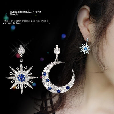 Silver Stud Rhinestone-encrusted Asymmetric Star And Moon Stud Earring Fashion Simple