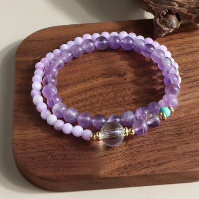 Pulseira de ametista natural e cristal de rocha, várias camadas de contas, joia de energia da sabedoria para mulher