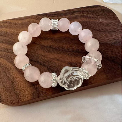 Pulseira de quartzo rosa natural e cristal de rocha, pendente flor de rosa, corrente de contas, joia de energia do amor para mulher
